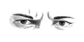 Men`s frowning eyes with anger and resentment emotions, sketch vector graphics monochrome drawing