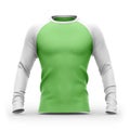 Men`s green t shirt with long white raglan sleeves.