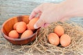 Fresh chicken eggs from the farm are put in a wooden cup and then on the wooden floor. Royalty Free Stock Photo