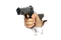 Men`s hand with a gun. Crime concept. man`s hand holding a black pistol gun, isolated on white, close-up, mockup for Royalty Free Stock Photo