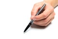 Men`s hand holding metal fountain pen on background, close up Royalty Free Stock Photo