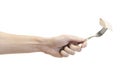 Men`s hand holds boiled turkey`s meat on the fork isolated on white background