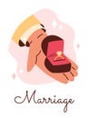 Men's hand holds an open box with a wedding ring and diamond, marriage proposal, wedding, engagement vector