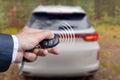 Men& x27;s hand presses on the remote control car alarm systems. Royalty Free Stock Photo