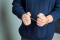 Men& x27;s hands in handcuffs close up Royalty Free Stock Photo