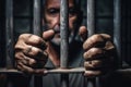 Men\'s hands rest on the bars of a prison cell. Generative AI Royalty Free Stock Photo