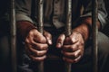 Men\'s hands rest on the bars of a prison cell. Generative AI Royalty Free Stock Photo