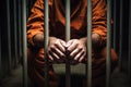 Men\'s hands rest on the bars of a prison cell. Generative AI Royalty Free Stock Photo