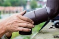 Men`s hands seal the gutter on the outside Royalty Free Stock Photo