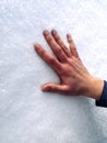 Men`s hands in the snow