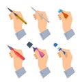 Men`s hands with writing tools and office supplies set.