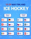 Men's ice hockey table vector illustration. Participating countries flag icon. Hockey group stage poster. Scoreboard