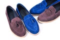 Men`s leather moccasins. stylish blue and beige, two pairs shoes on white background.