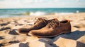 Men\'s leather shoes on the beach Royalty Free Stock Photo