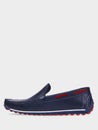 Men`s leather summer loafers in blue with elastic red sole.