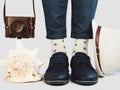 Men`s legs, bright socks and stylish shoes