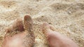 Men`s Legs on the sea sand and wave, Relaxation on the ocean beach, Summer holidays.