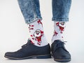 Men`s legs, trendy shoes and bright socks Royalty Free Stock Photo
