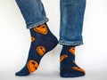 Men`s legs, trendy shoes and bright socks Royalty Free Stock Photo