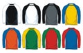 Men`s long sleeves raglan round neck t-shirt templates, Front views. Vector illustration.