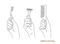 Men`s morning. Hand holds a toothbrush, a safety razor for shaving, a comb. Morning self care and your face