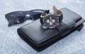 Men's purse, glasses, watch. Mens travel set to holidays