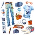 Men's Set of trendy look. Watercolor clothes