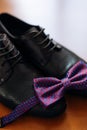 Men`s shoes and bow tie. Wedding accessories Royalty Free Stock Photo