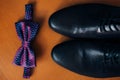 Men`s shoes and bow tie. Wedding accessories Royalty Free Stock Photo