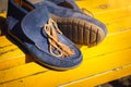 men's shoes moccasins blue color. photo on the street, yellow bench