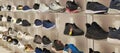 Men`s shoes on sale in department store display gondola Royalty Free Stock Photo