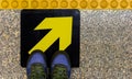 Men`s shoes on a yellow guidepost on a concrete floor. The concept of a decision made in accordance with our guidelines