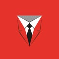 Men`s style logo template design with a tie on a red background. Vector illustration with a red suit, white collar and tie