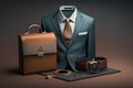 Men\'s suit, briefcase and wristwatch isolated on dark background