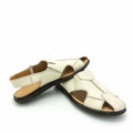 Men`s summer open sandals made of genuine light beige leather. Royalty Free Stock Photo