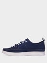Men`s summer suede blue sneakers with white soles.