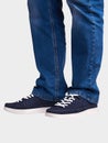 Men`s summer suede blue sneakers with white soles.