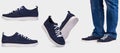 Men`s summer suede blue sneakers with white soles. Men`s sports shoes. Sport style.