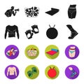 Men`s torso, gymnastic gloves, jumping ball, sneakers. Fitnes set collection icons in black,flet style vector symbol