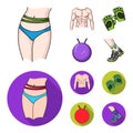 Men`s torso, gymnastic gloves, jumping ball, sneakers. Fitnes set collection icons in cartoon,flat style vector symbol