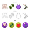 Men`s torso, gymnastic gloves, jumping ball, sneakers. Fitnes set collection icons in cartoon,outline,flat style vector