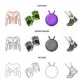 Men`s torso, gymnastic gloves, jumping ball, sneakers. Fitnes set collection icons in cartoon,outline,monochrome style