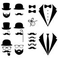 Men`s tuxedo. Mustache, glasses, beard, pipe and top hat.