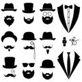 Men`s tuxedo. Mustache, glasses, beard, pipe and top hat.