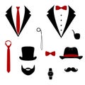 Men s tuxedo. Mustache, monocle, beard, pipe and top hat.