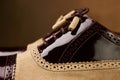 Men`s wedding shoes on a dark wooden box, close-up Royalty Free Stock Photo