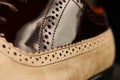 Men`s wedding shoes on a dark wooden box, close-up Royalty Free Stock Photo
