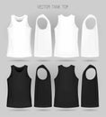 Men`s white and black tank top template in three dimensions: front, side and back view.