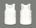 Men`s white tank top without sleeves in front and back views. Vector illustration with realistic male shirt template.