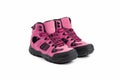 Men`s winter boots pink for expeditions of travel isolated on a white background